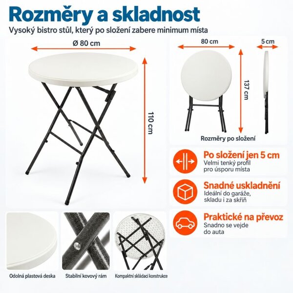 Skládací bistro stůl Ø 80 cm, výška 110 cm, bílý