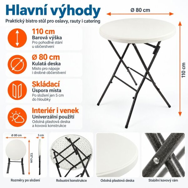 Skládací bistro stůl Ø 80 cm, výška 110 cm, bílý