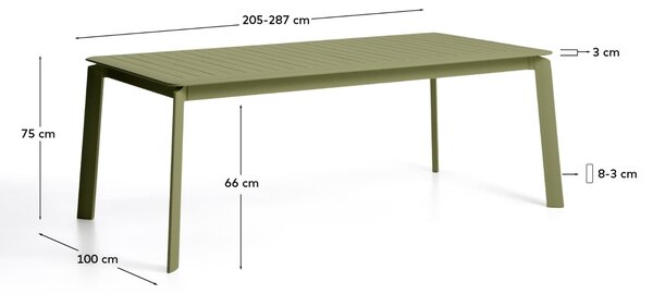 Kave Home Zelený hliníkový rozkládací zahradní stůl Brela 205/287 x 100 cm