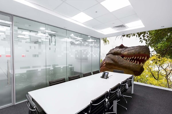 DIMEX | Vliesová fototapeta Hlava T-Rexe MS-5-0468 | 375 x 250 cm| zelená, hnědá
