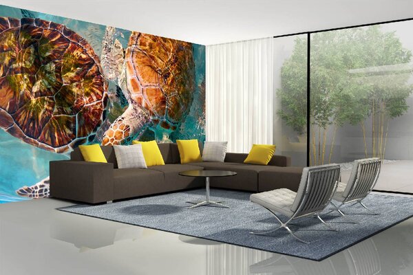DIMEX | Vliesová fototapeta Želvy v moři MS-5-0505 | 375 x 250 cm| modrá, bílá, hnědá