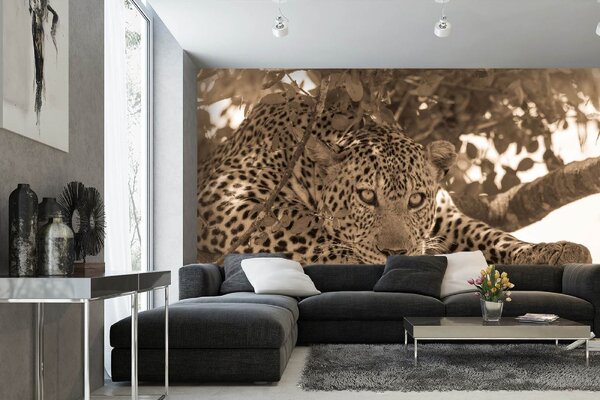 DIMEX | Vliesová fototapeta Sépiový portrét leoparda MS-5-0594 | 375 x 250 cm| béžová, černá, hnědá