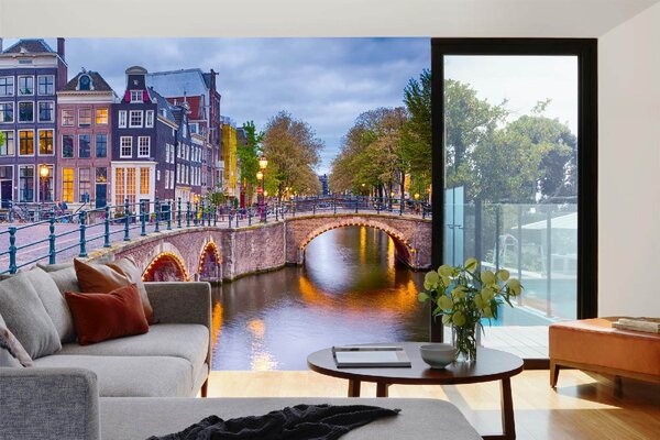 DIMEX | Vliesová fototapeta Amsterdamské panoráma MS-5-0669 | 375 x 250 cm| modrá, žlutá, šedá