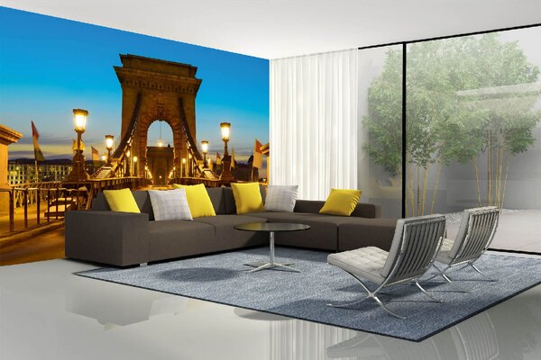 DIMEX | Vliesová fototapeta Most v Budapešti MS-5-0675 | 375 x 250 cm| modrá, žlutá, šedá