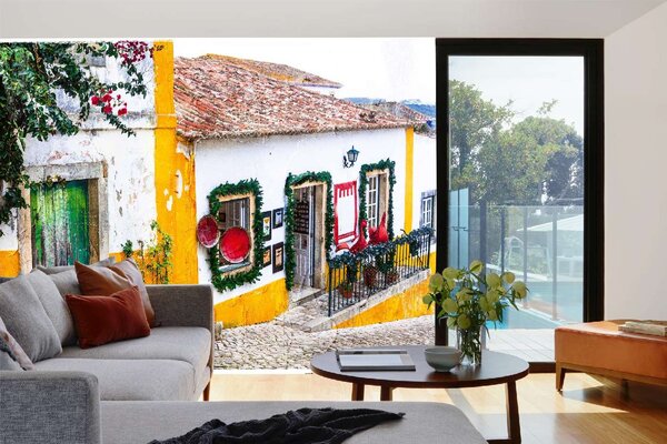 DIMEX | Vliesová fototapeta Staré Město Obidos MS-5-0704 | 375 x 250 cm| bílá, žlutá, šedá