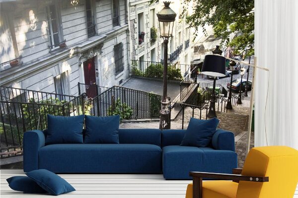 DIMEX | Vliesová fototapeta Schody na Montmartre MS-5-0710 | 375 x 250 cm| zelená, bílá, šedá