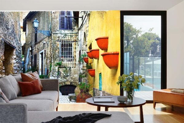 DIMEX | Vliesová fototapeta Italská vesnice MS-5-0702 | 375 x 250 cm| červená, žlutá, šedá