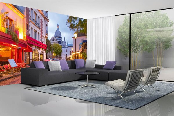 DIMEX | Vliesová fototapeta Čtvrť Montmartre MS-5-0711 | 375 x 250 cm| červená, žlutá, šedá