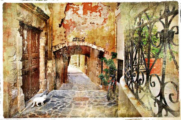 DIMEX | Vliesová fototapeta Vintage řecká ulice MS-5-0735 | 375 x 250 cm| zelená, červená, hnědá, šedá