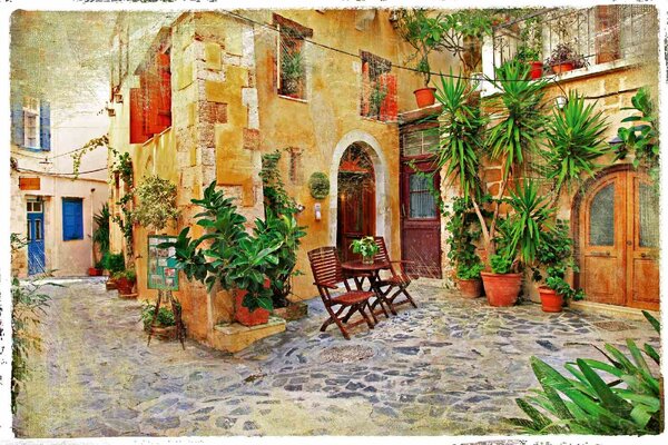 DIMEX | Vliesová fototapeta Stará řecká ulice MS-5-0734 | 375 x 250 cm| zelená, červená, hnědá, šedá