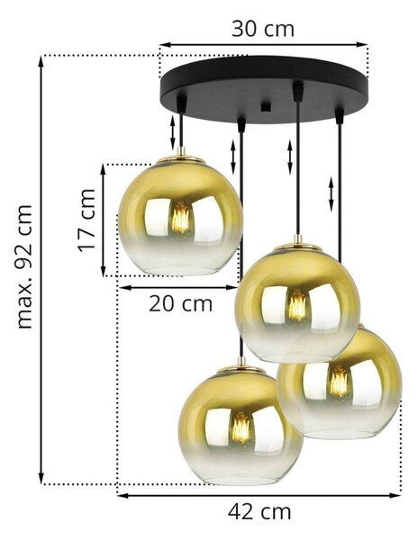 Závěsné svítidlo Bergen Gold, 4x zlaté/transparentní skleněné stínítko (fi 20cm), o