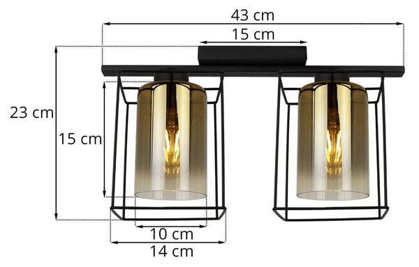 Stropní svítidlo Hella Cage, 2x zlaté skleněné stínítko v kovovém rámu