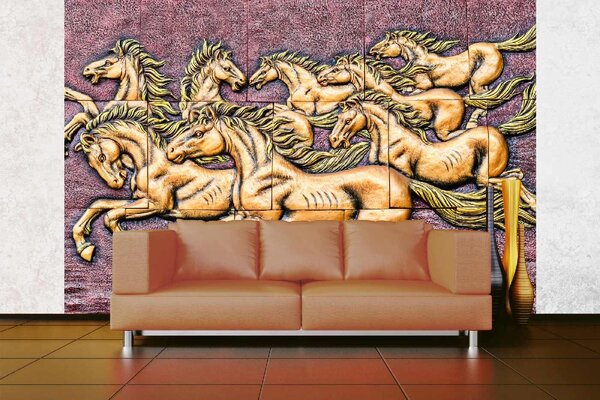 DIMEX | Vliesová fototapeta Thajský reliéf koně MS-5-0767 | 375 x 250 cm| fialová, černá, žlutá