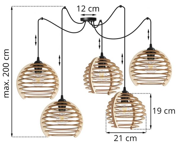 Závěsné svítidlo Timber Spider, 5x dřevěné stínítko, n