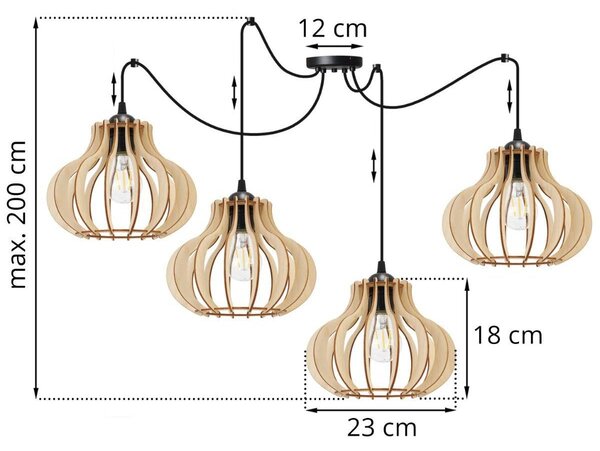 Závěsné svítidlo Timber Spider 3, 4x dřevěné stínítko