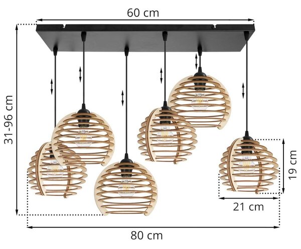 Závěsné svítidlo Timber, 6x dřevěné stínítko, n