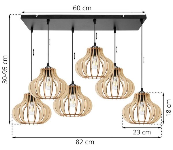 Závěsné svítidlo Timber 3, 6x dřevěné stínítko