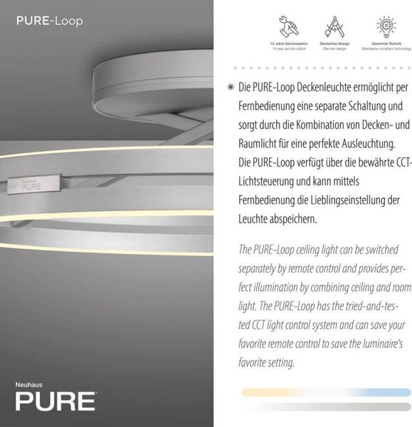 Paul Neuhaus Stropní LED svítidlo PURE Loop, pr.60cm, 7W+30W 2700-5000K, šedá