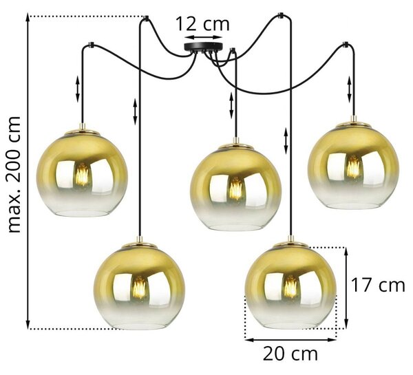 Závěsné svítidlo Bergen Gold Spider, 5x zlaté/transparentní skleněné stínítko (fi 20cm)
