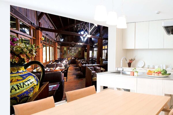 DIMEX | Vliesová fototapeta Klasický interiér restaurace MS-5-0887 | 375 x 250 cm| vícebarevná, měděná, hnědá