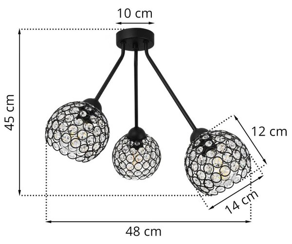 Stropní svítidlo Crystal Trio, 3x černé křišťálové stínítko