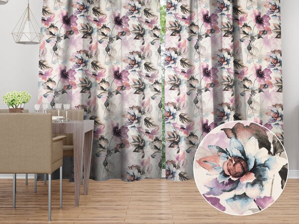Biante Sametový závěs Tamara TMR-050 Abstraktní fialové květiny na smetanovém 145x140 cm