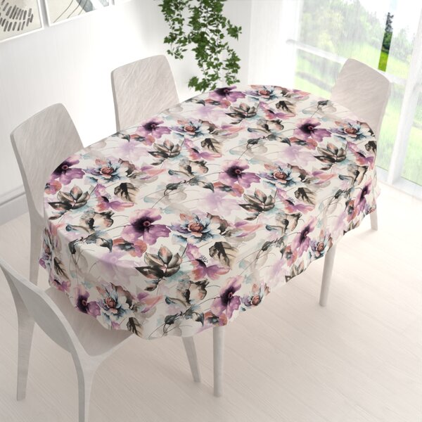 Biante Sametový oválný ubrus Tamara TMR-050 Abstraktní fialové květiny na smetanovém 50x100 cm