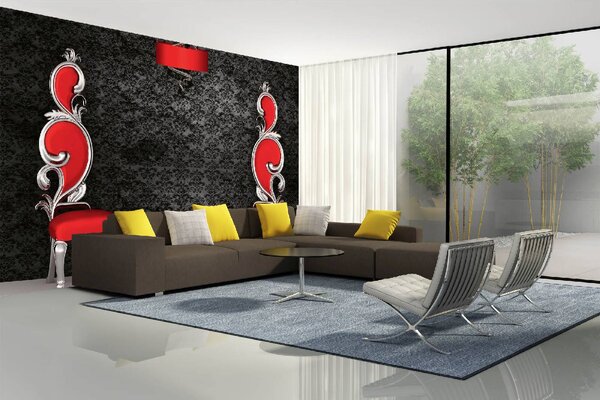 DIMEX | Vliesová fototapeta Dvě červené židle MS-5-0975 | 375 x 250 cm| červená, černá