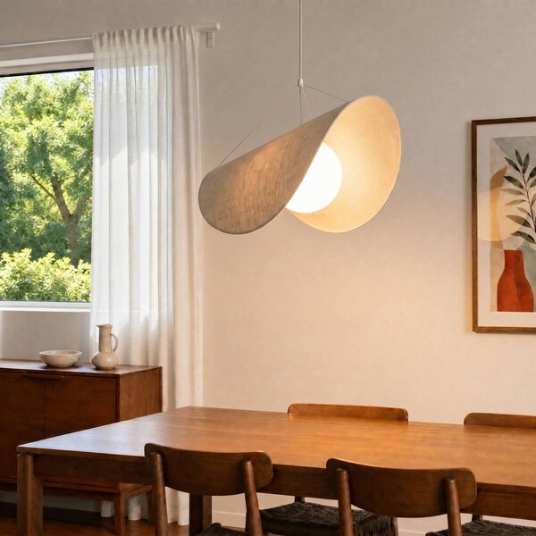 Lucande LED závěsné světlo Sansibar, bílé, plátno, 1 žárovka, stmívatelný, Krémová / jantar, Obývací pokoj / jídelna, Textil / tkanina / hedvábí, Design