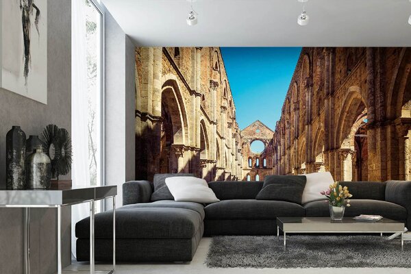 DIMEX | Vliesová fototapeta Starověké opatství San Galgano MS-5-0989 | 375 x 250 cm| modrá, hnědá