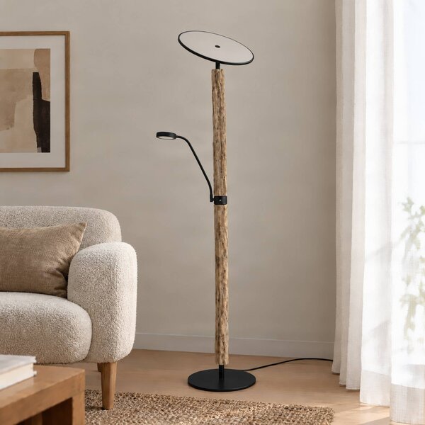 Lucande LED stojací lampa Woodland, 180 cm, dřevo, na čtení, stmívatelný, Světlé dřevo, Obývací pokoj / jídelna, Dřevo, Moderní
