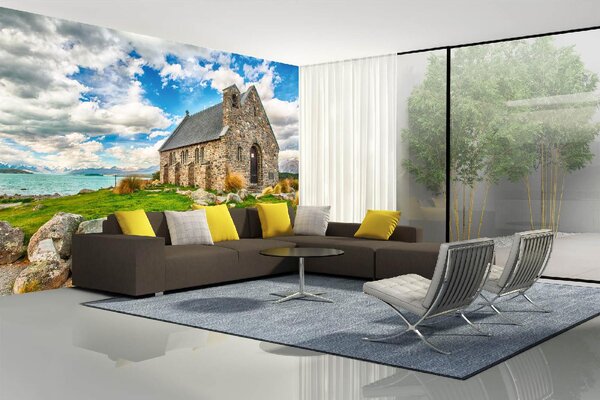 DIMEX | Vliesová fototapeta Starý kostel MS-5-0995 | 375 x 250 cm| zelená, modrá, béžová, hnědá