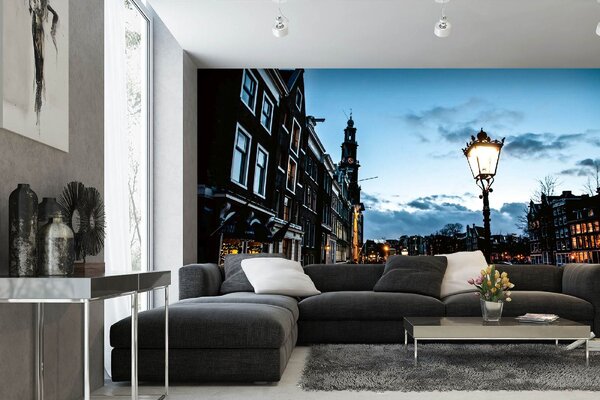 DIMEX | Vliesová fototapeta Amsterdam v noci MS-5-1003 | 375 x 250 cm| modrá, měděná, černá, šedá