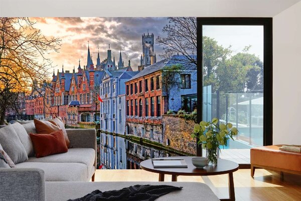 DIMEX | Vliesová fototapeta Kanály v Bruges MS-5-1015 | 375 x 250 cm| vícebarevná, modrá, oranžová, šedá