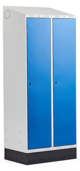 AJ Produkty Šatní skříňka CLASSIC, šikmá střecha, se soklem, 2 sekce, 2050x800x550 mm, modré dveře