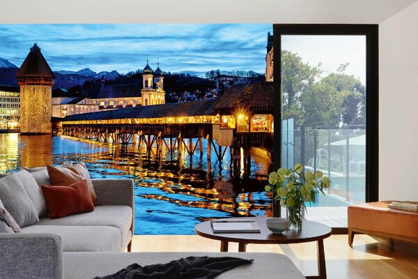 DIMEX | Vliesová fototapeta Kapellbrücke, Lucern MS-5-1062 | 375 x 250 cm| modrá, černá, hnědá