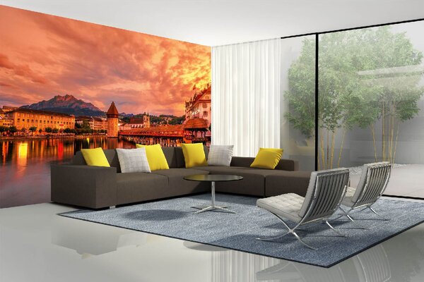 DIMEX | Vliesová fototapeta Kapellbrücke, Lucern II. MS-5-1063 | 375 x 250 cm| oranžová, hnědá, šedá