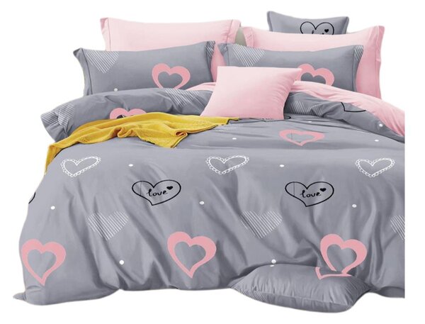 Bavlissimo 7-dílné povlečení bavlněné se srdíčky a love na šedé 140x200 na dvě postele