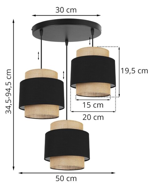 Závěsné svítidlo Boho, 3x jutové/černé textilní stínítko, o