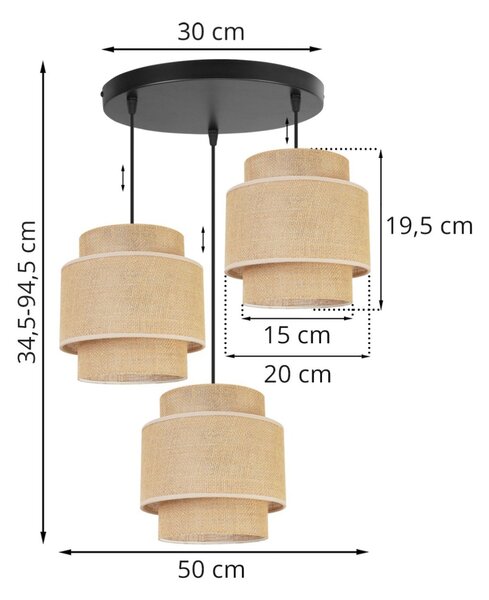 Závěsné svítidlo Boho, 3x jutové stínítko, (výběr ze 2 barev konstrukce), o