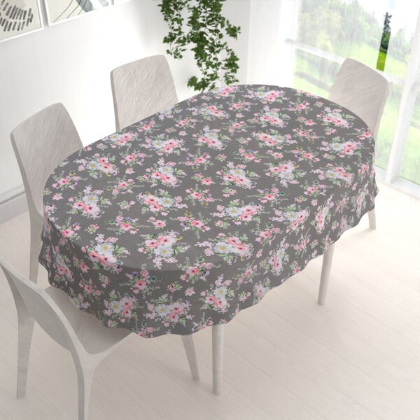 Biante Bavlněný oválný ubrus Sandra SA-553 Růžové květiny na šedém 50x100 cm