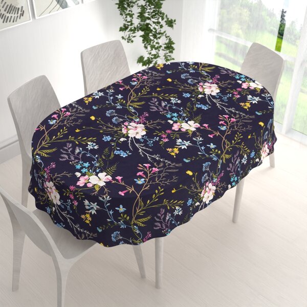 Biante Bavlněný oválný ubrus Sandra SA-557 Modro-růžové kvítí na tmavě modrém 50x100 cm