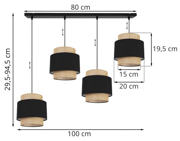 Závěsné svítidlo Boho, 4x jutové/černé textilní stínítko