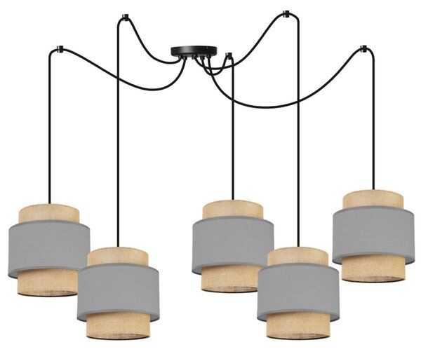 Závěsné svítidlo Boho Spider, 5x jutové/šedé textilní stínítko