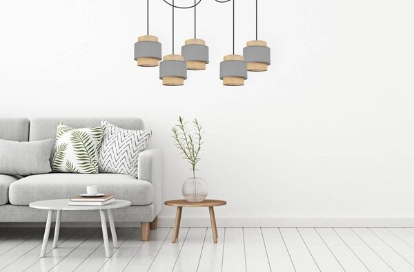 Závěsné svítidlo Boho Spider, 5x jutové/šedé textilní stínítko