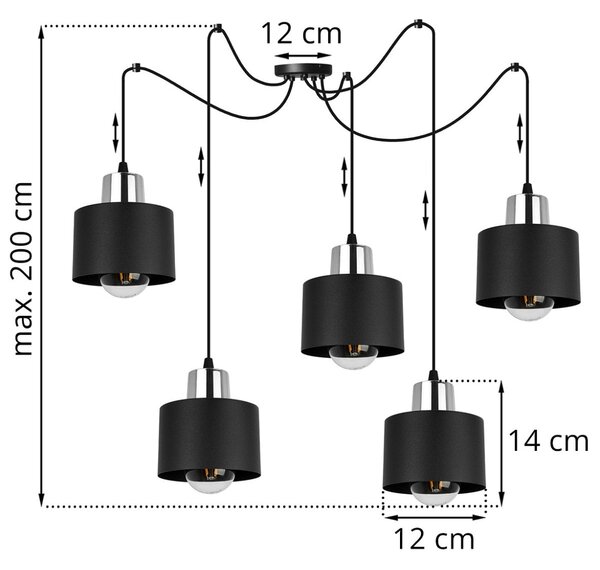 Závěsné svítidlo Panta Spider, 5x černé kovové stínítko, ch