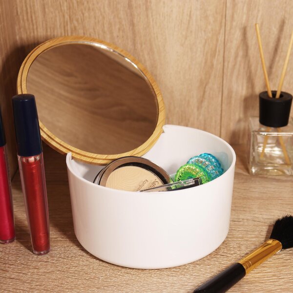 COM-FOUR® 2x organizér na kosmetiku se zrcátkem na líčení - box na kosmetiku se zrcátkem v bambusovém víku - plastový box na líčení a šperky