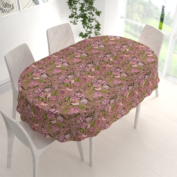 Biante Bavlněný oválný ubrus Sandra SA-554 Růže a hortenzie na hnědém 50x100 cm