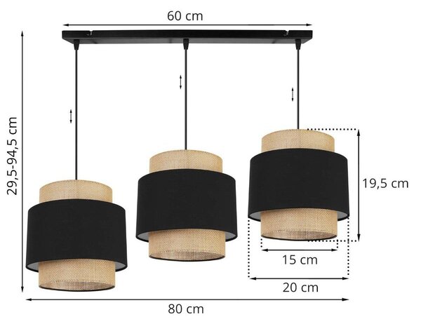 Závěsné svítidlo Boho, 3x jutové/černé textilní stínítko