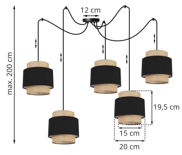Závěsné svítidlo Boho Spider, 5x jutové/černé textilní stínítko